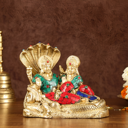 Brassaura™ Vishnu & Lakshmi Brass Idol on Sheshnaag – 2kg, 6.5-Inch – Gold-Finish Vaastu-Compliant Idol for Home & Office Blessings