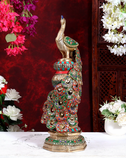 Brassaura® Pure Superfine Brass Handcrafted Peacock Statue | Large Peacock Showpiece with Intricate Stonework for Home Décor, Temple & Luxury Interiors | 20 Inches, 8.5 Kg