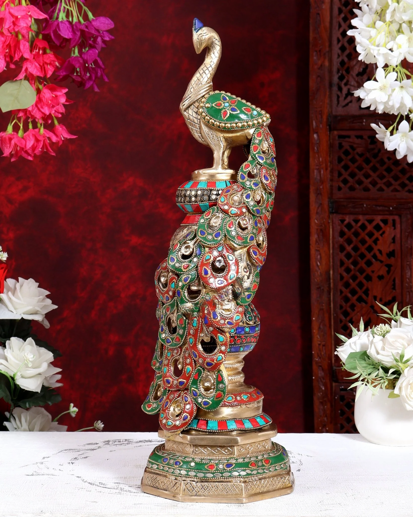 Brassaura® Pure Superfine Brass Handcrafted Peacock Statue | Large Peacock Showpiece with Intricate Stonework for Home Décor, Temple & Luxury Interiors | 20 Inches, 8.5 Kg