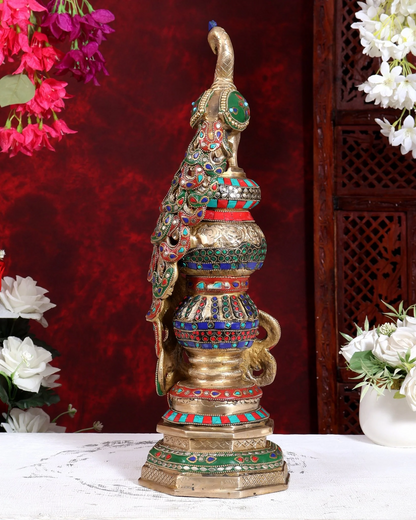 Brassaura® Pure Superfine Brass Handcrafted Peacock Statue | Large Peacock Showpiece with Intricate Stonework for Home Décor, Temple & Luxury Interiors | 20 Inches, 8.5 Kg