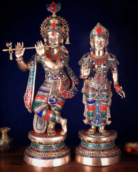 Brassaura™ Handcrafted Brass Radha Krishna Statues with Meenakari – Height 36 Inches & Weight 40 Kgs | Elegant Devotional Masterpiece
