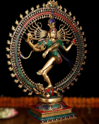 Brassaura™ Large Handcrafted Superfine Brass Nataraja Statue with Stonework | Height 36 Inches & Weight 35 Kgs