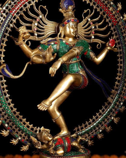 Brassaura™ Large Handcrafted Superfine Brass Nataraja Statue with Stonework | Height 36 Inches & Weight 35 Kgs