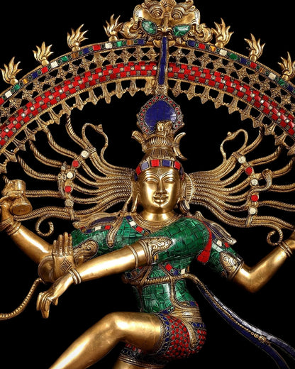 Brassaura™ Large Handcrafted Superfine Brass Nataraja Statue with Stonework | Height 36 Inches & Weight 35 Kgs