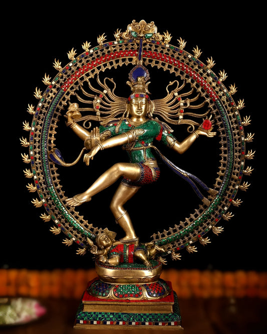 Brassaura® Large Handcrafted Superfine Brass Nataraja Statue with Stonework | Height 36 Inches