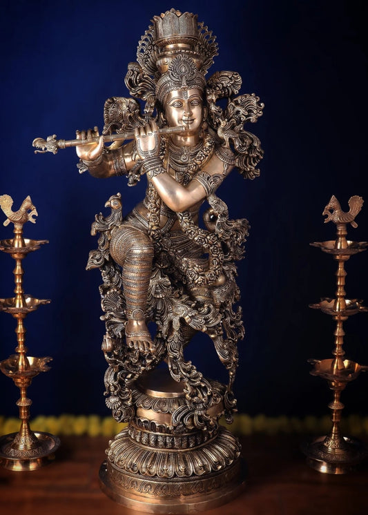 Brassaura® Superfine Brass Lord Krishna Sculpture | Pure Solid Brass Handcrafted Krishna Murti for Home Temple, Luxury Décor & Gifting | Height 48 Inches | Weight 75 Kg