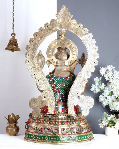 ब्रासोरा® वृंदावन वेणुगोपाल कृष्ण पीतल की प्रतिमा मोर के साथ | एंटीक नीला और सुनहरा रंग | ऊँचाई 20 इंच