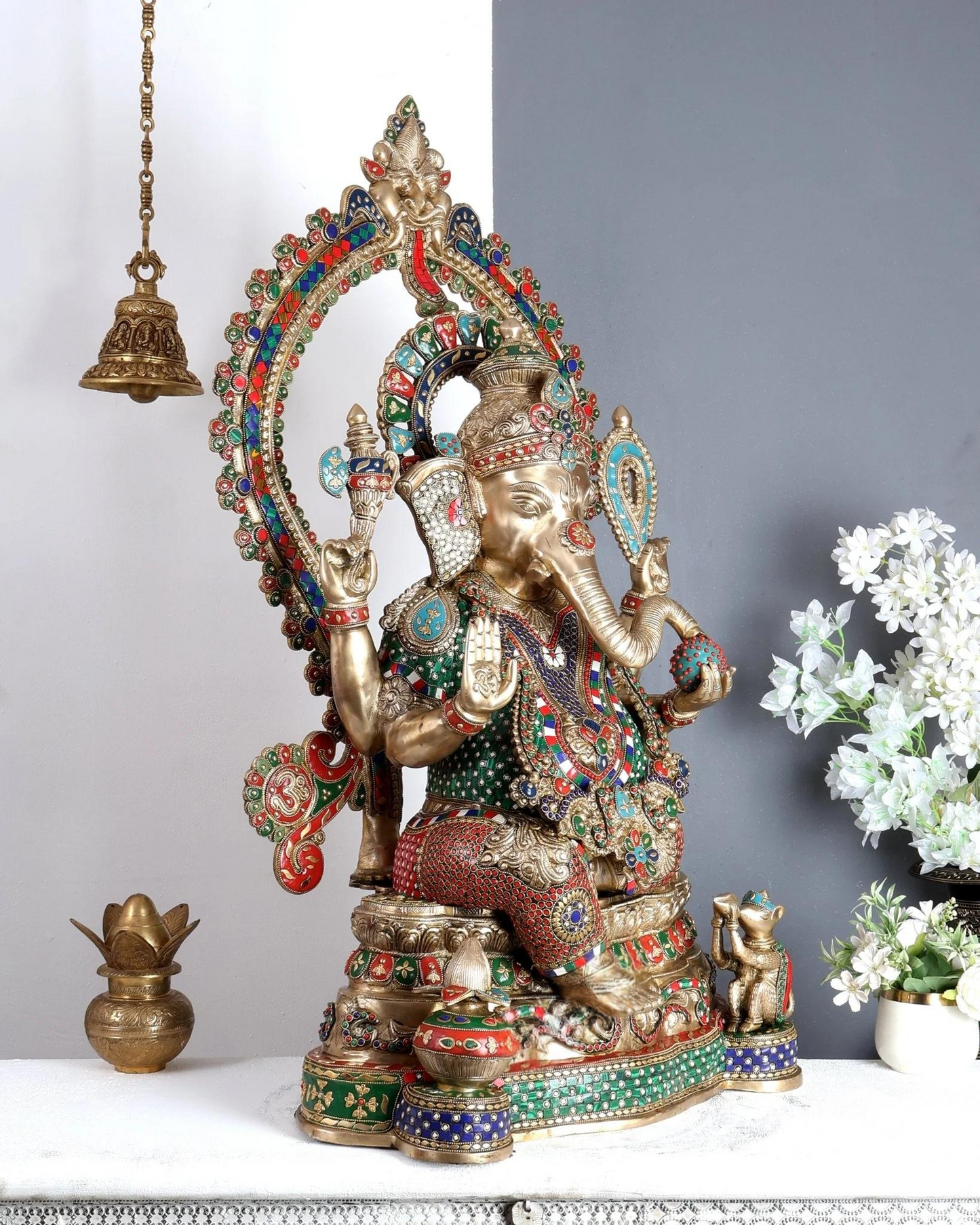 ब्रासोरा® वृंदावन वेणुगोपाल कृष्ण पीतल की प्रतिमा मोर के साथ | एंटीक नीला और सुनहरा रंग | ऊँचाई 20 इंच