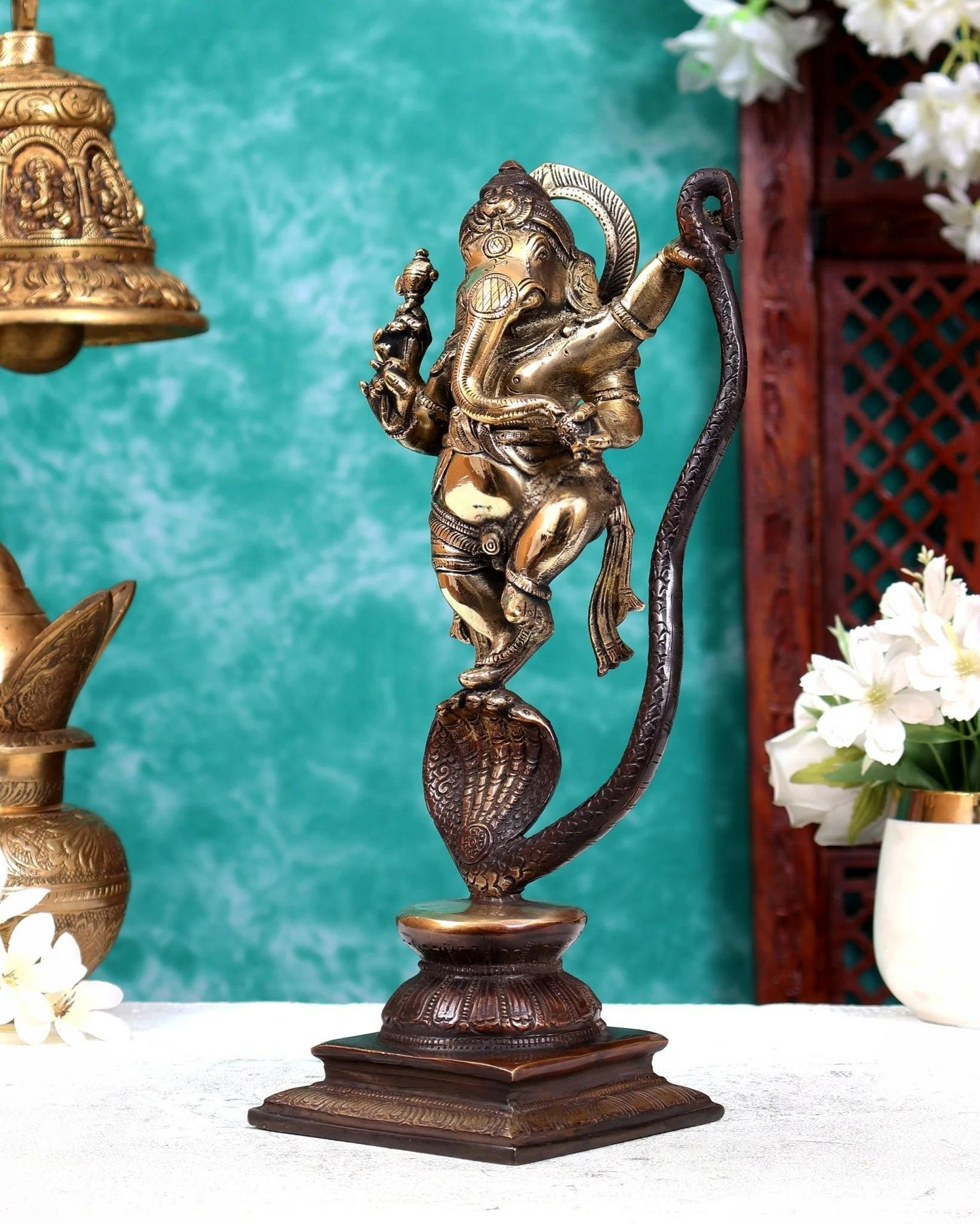 Brassaura® Dancing Lord Ganesha on Vasuki Snake Idol with Brown & Gold Finish | Handcrafted Ganpati Murti | Height 11.5 Inches | Weight 3.25 Kgs