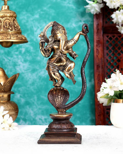 Brassaura® Dancing Lord Ganesha on Vasuki Snake Idol with Brown & Gold Finish | Handcrafted Ganpati Murti | Height 11.5 Inches | Weight 3.25 Kgs