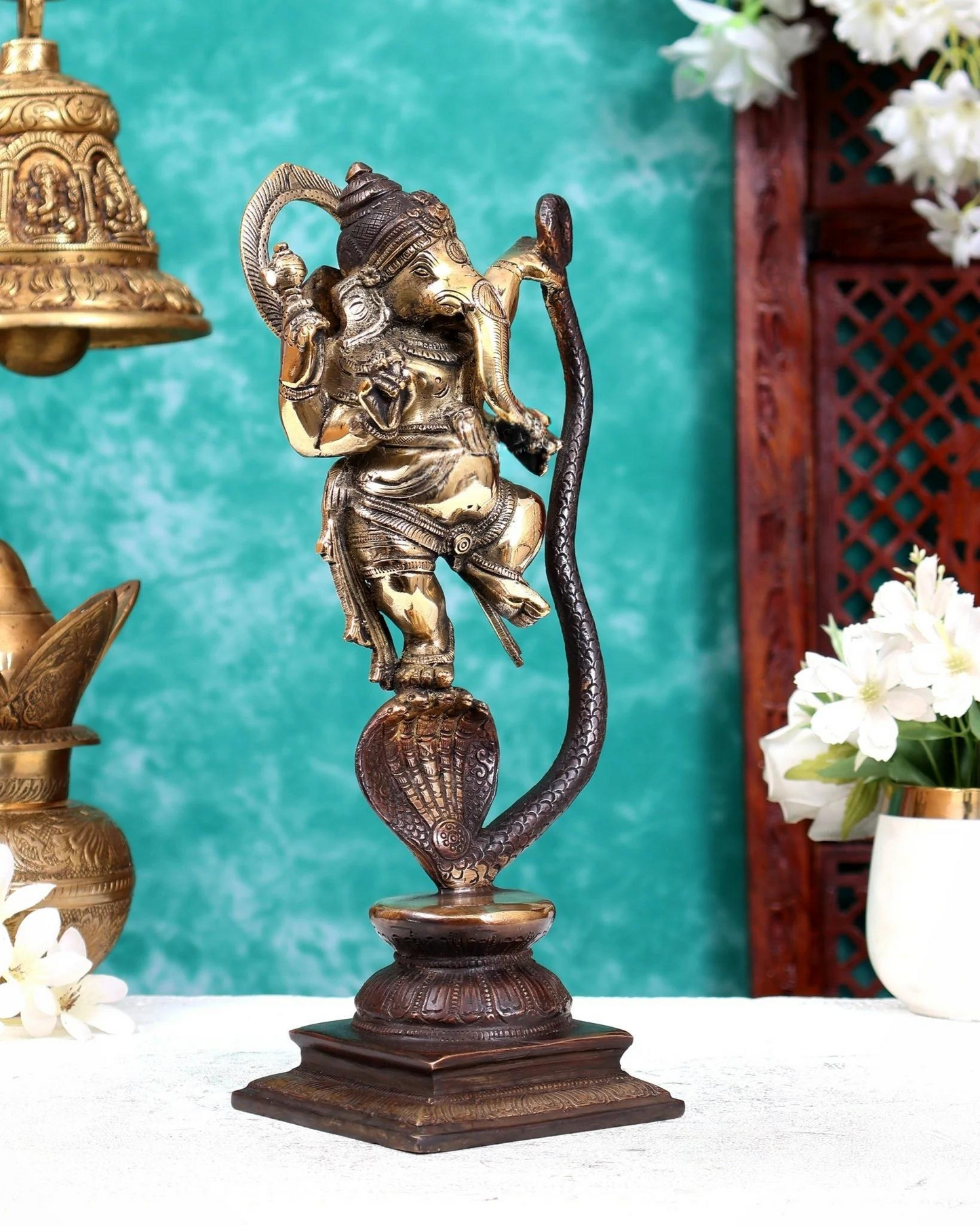 Brassaura® Dancing Lord Ganesha on Vasuki Snake Idol with Brown & Gold Finish | Handcrafted Ganpati Murti | Height 11.5 Inches | Weight 3.25 Kgs