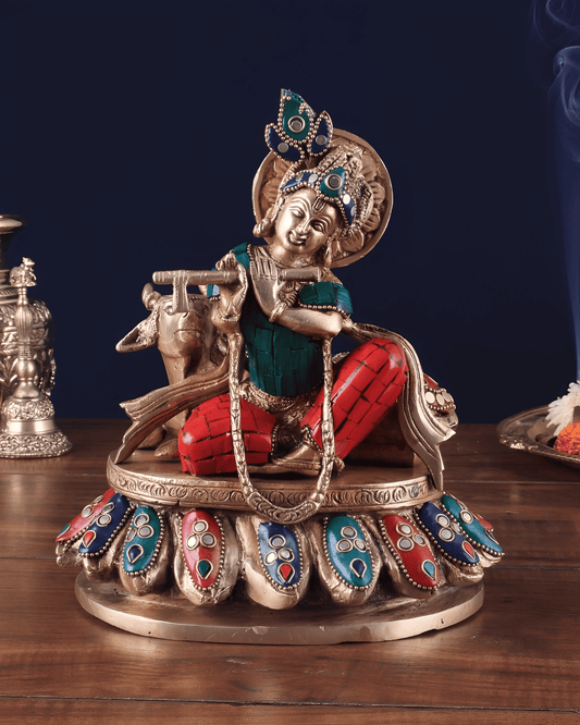 Brassaura™ Brass Lord Krishna Statue with Meenakari Artwork | Height 8.75 Inches & Weight 3.2 Kgs