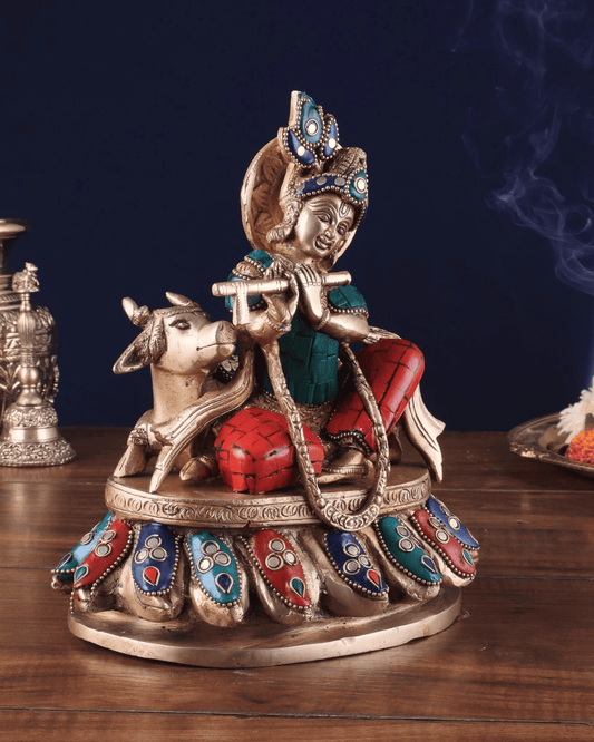 Brassaura™ Brass Lord Krishna Statue with Meenakari Artwork | Height 8.75 Inches & Weight 3.2 Kgs