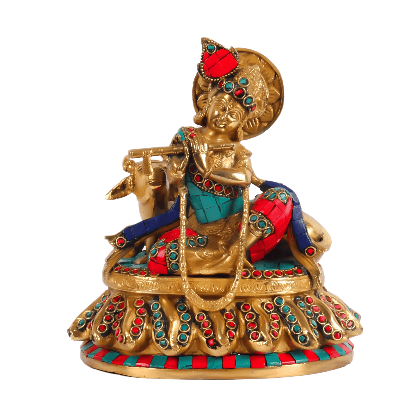 Brassaura™ Lord Krishna with Calf | Pure Brass Idol | Height 8.75 Inches & Weight 4 Kgs