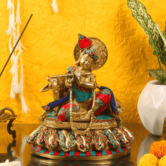 Brassaura™ Lord Krishna with Calf | Pure Brass Idol | Height 8.75 Inches & Weight 4 Kgs