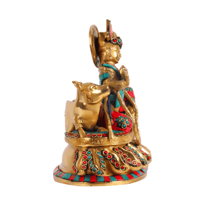 Brassaura™ Lord Krishna with Calf | Pure Brass Idol | Height 8.75 Inches & Weight 4 Kgs