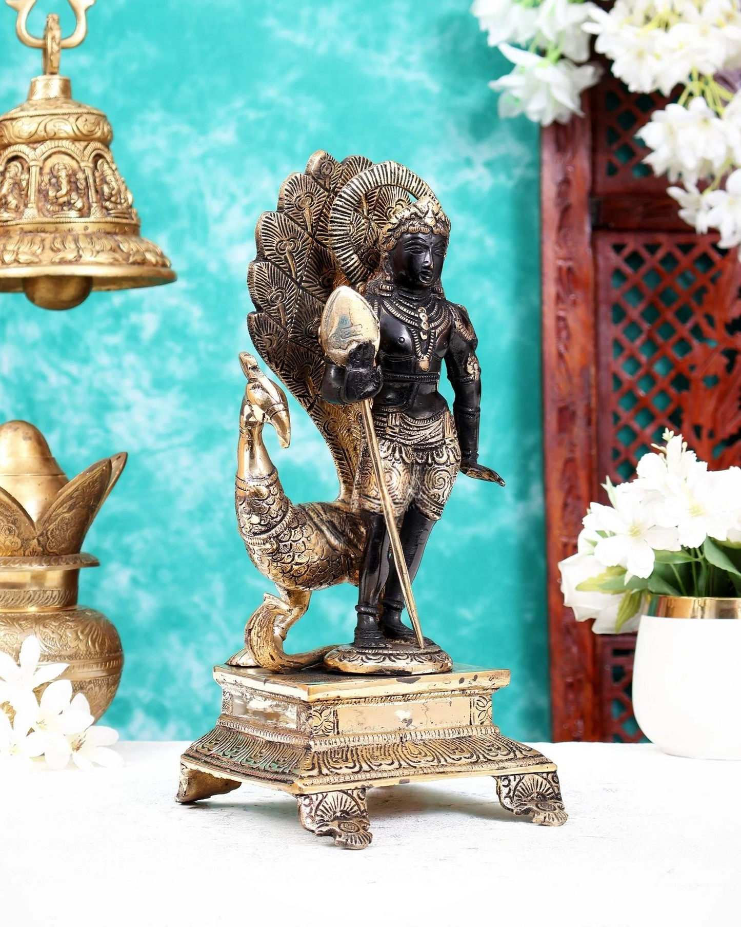 Brassaura® Brass Lord Murugan Kartikeya Idol with Peacock | Handcrafted Black & Gold Dual Tone Finish Murugan Swamy Murti for Home Temple & Spiritual Décor | Height 12 Inches | Weight 4.5 Kgs