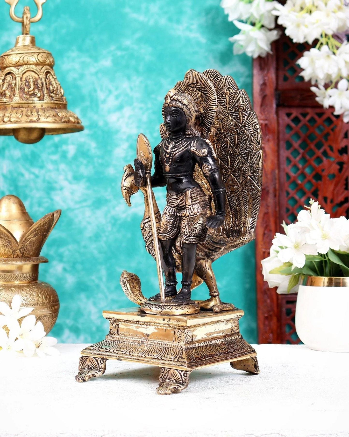 Brassaura® Brass Lord Murugan Kartikeya Idol with Peacock | Handcrafted Black & Gold Dual Tone Finish Murugan Swamy Murti for Home Temple & Spiritual Décor | Height 12 Inches | Weight 4.5 Kgs