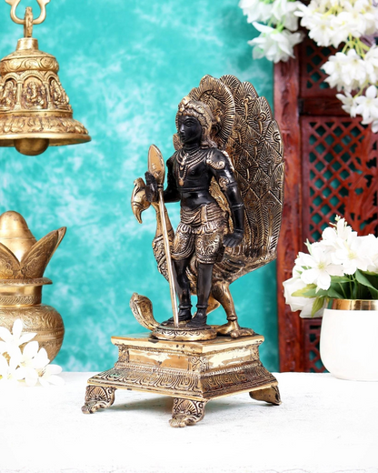Brassaura® Brass Lord Murugan Kartikeya Idol with Peacock | Handcrafted Black & Gold Dual Tone Finish Murugan Swamy Murti for Home Temple & Spiritual Décor | Height 12 Inches | Weight 4.5 Kgs