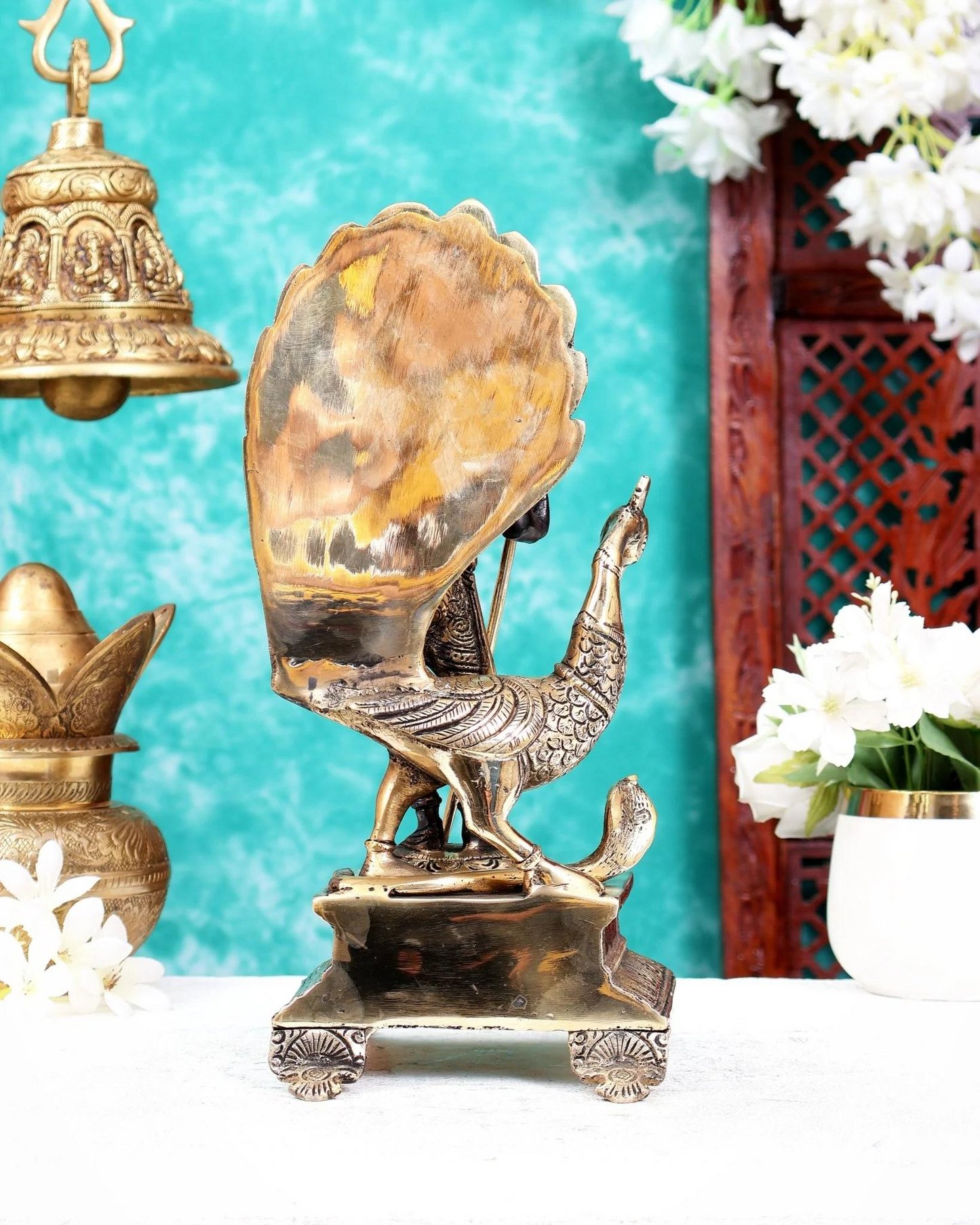 Brassaura® Brass Lord Murugan Kartikeya Idol with Peacock | Handcrafted Black & Gold Dual Tone Finish Murugan Swamy Murti for Home Temple & Spiritual Décor | Height 12 Inches | Weight 4.5 Kgs
