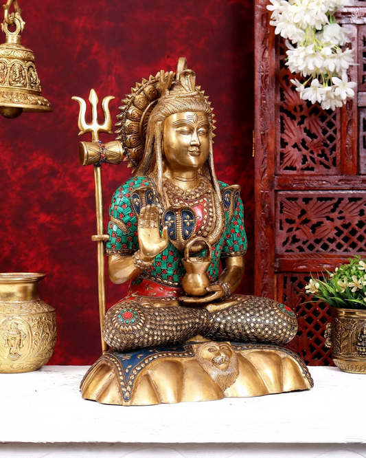 Brassaura® Lord Shiva Seated Meditation Idol with Multi-Color Meenakari Finish | Pure Superfine Brass Handcrafted Murti | Brass Statue for Home Temple, Pooja Room | Height 17 Inches | Weight 11.9 Kgs