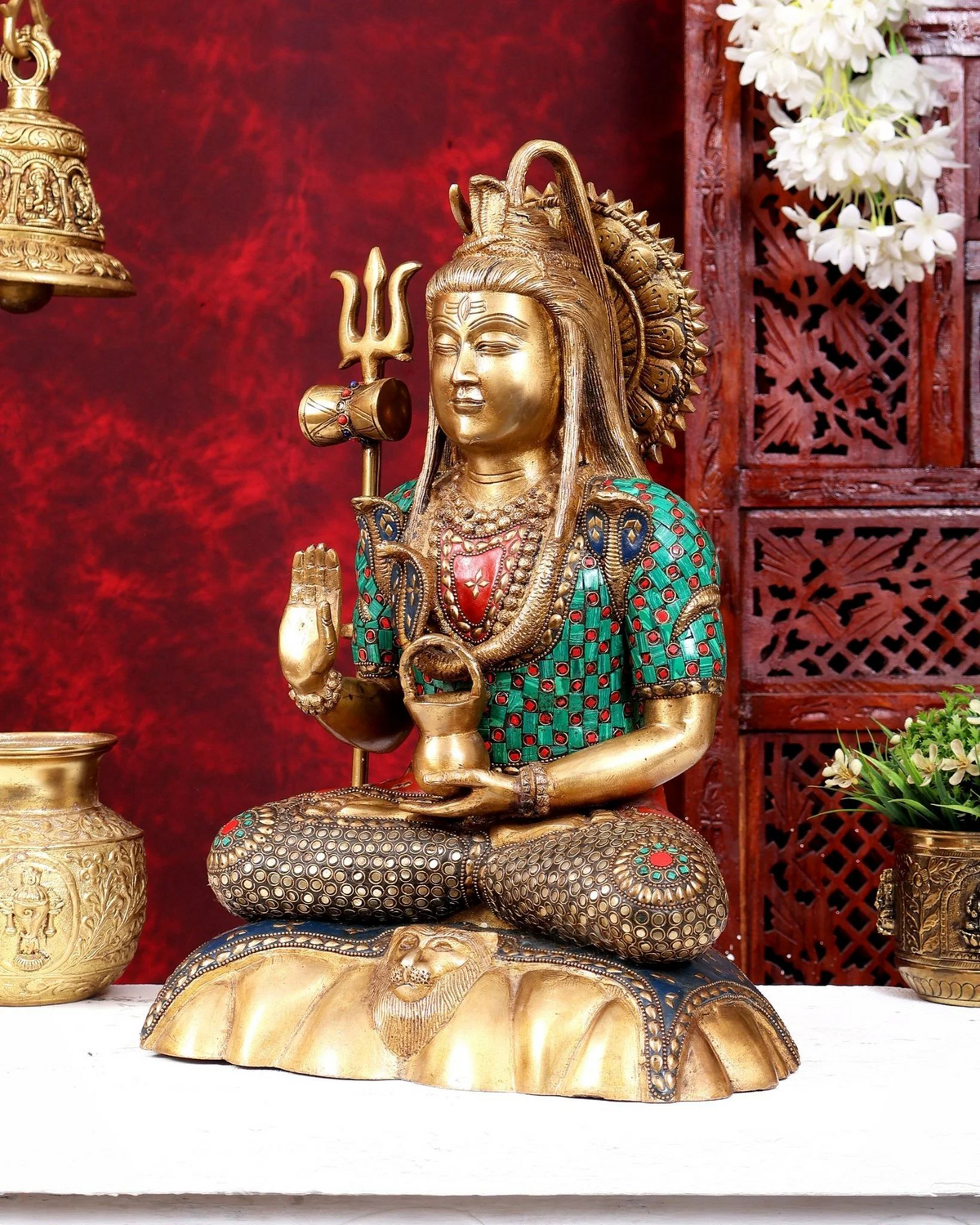 Brassaura® Lord Shiva Seated Meditation Idol with Multi-Color Meenakari Finish | Pure Superfine Brass Handcrafted Murti | Brass Statue for Home Temple, Pooja Room | Height 17 Inches | Weight 11.9 Kgs