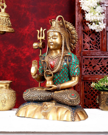 Brassaura® Lord Shiva Seated Meditation Idol with Multi-Color Meenakari Finish | Pure Superfine Brass Handcrafted Murti | Brass Statue for Home Temple, Pooja Room | Height 17 Inches | Weight 11.9 Kgs