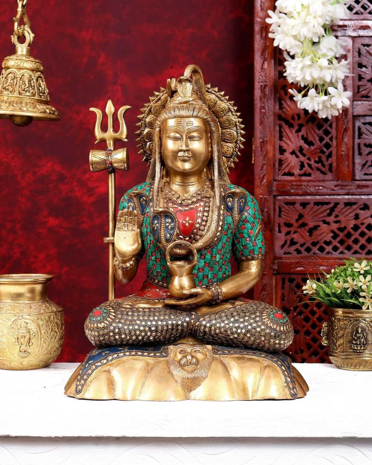 Brassaura® Lord Shiva Seated Meditation Idol with Multi-Color Meenakari Finish | Pure Superfine Brass Handcrafted Murti | Brass Statue for Home Temple, Pooja Room | Height 17 Inches | Weight 11.9 Kgs