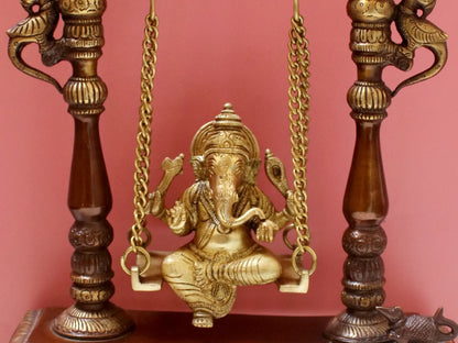 Brassaura® Brass Swing Ganesha | Brown Gold Finish | Height 13 Inches & Weight 3.30 kgs