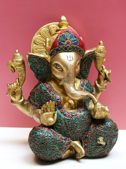 Brassaura™ Lord Ganesha with Intricate Inlay Work | Height 8.07 Inches & Weight 3.50 kgs