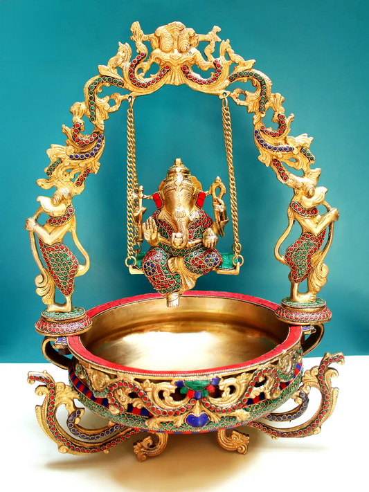 Brassaura™ Lord Ganesha Jhula Urli with Inlay Work | Height 20.08 Inches & Weight 11.98 kgs