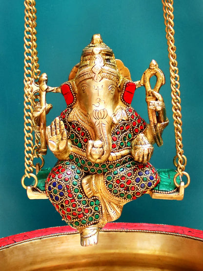 Brassaura™ Lord Ganesha Jhula Urli with Inlay Work | Height 20.08 Inches & Weight 11.98 kgs