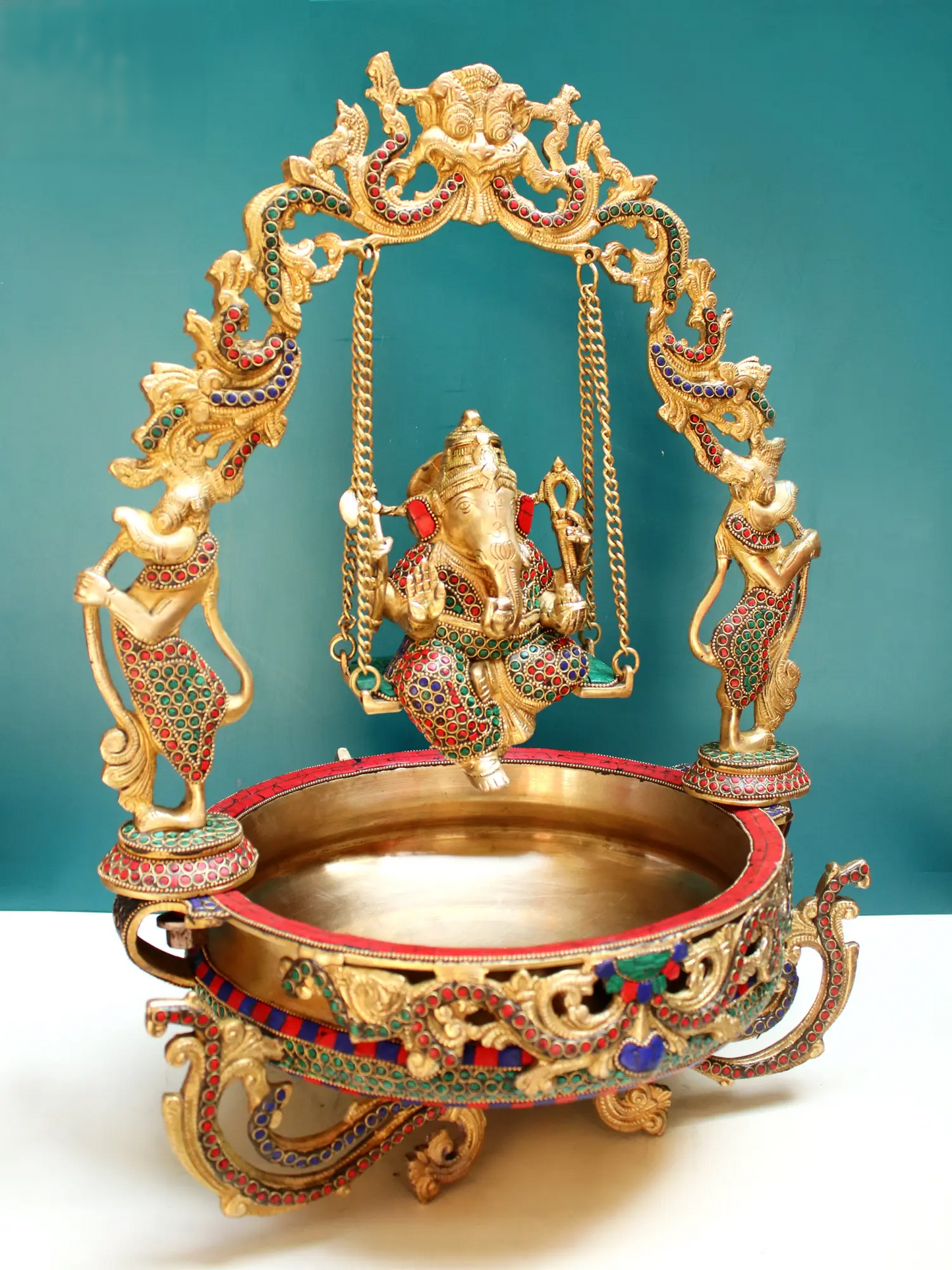 Brassaura™ Lord Ganesha Jhula Urli with Inlay Work | Height 20.08 Inches & Weight 11.98 kgs