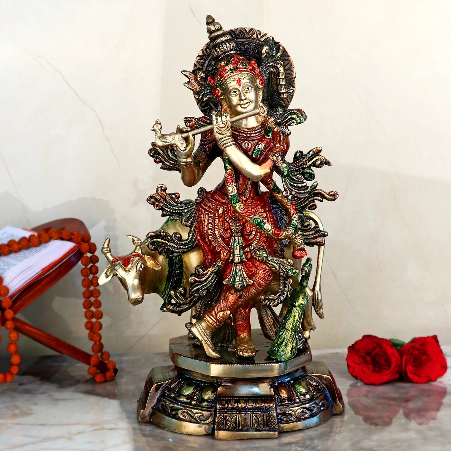 Brassaura® Brass Krishna with Cow Colorful Idol | Height 15 Inches