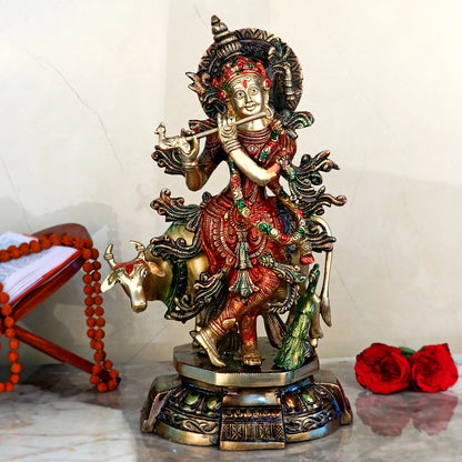 Brassaura® Brass Krishna with Cow Colorful Idol | Height 15 Inches