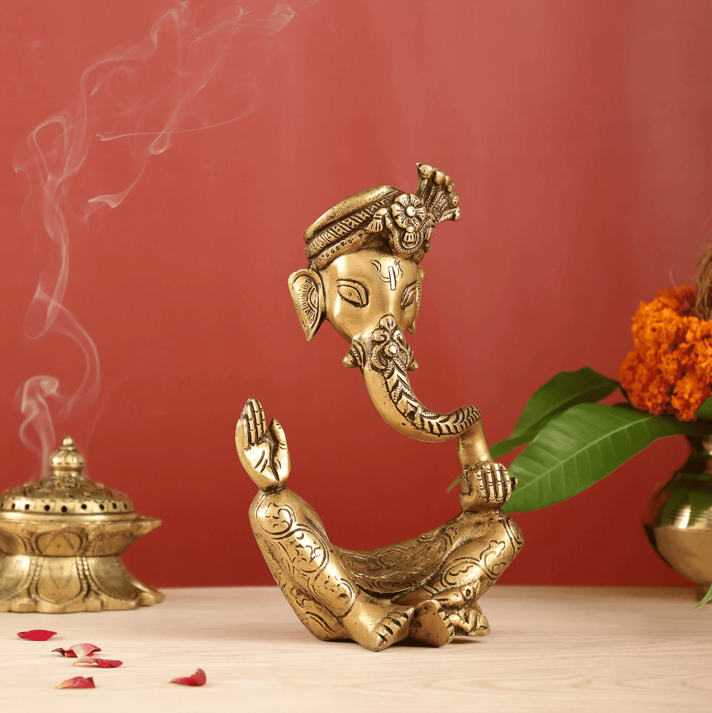 Brassaura™ Brass Ganesha Idol with Natural Brass Finish | Height 10.5 Inches | Weight 2.8 Kgs