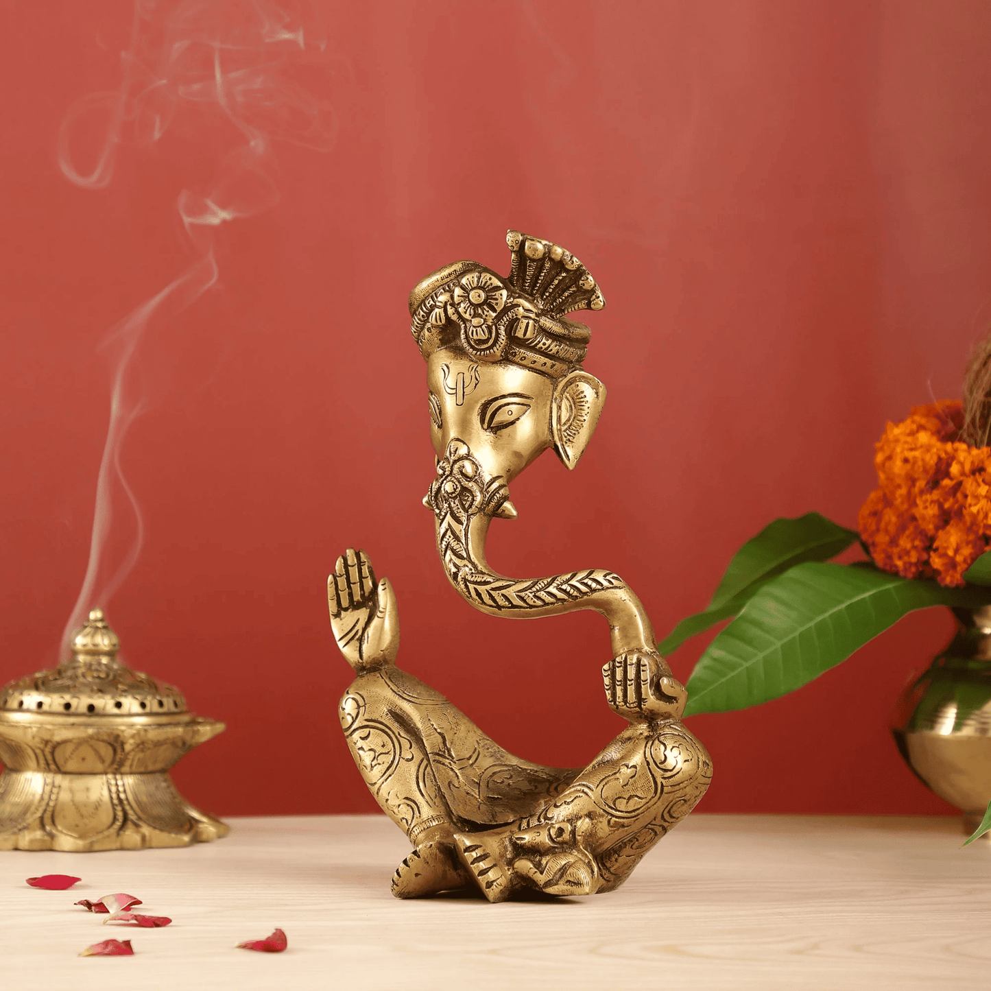 Brassaura™ Brass Ganesha Idol with Natural Brass Finish | Height 10.5 Inches | Weight 2.8 Kgs