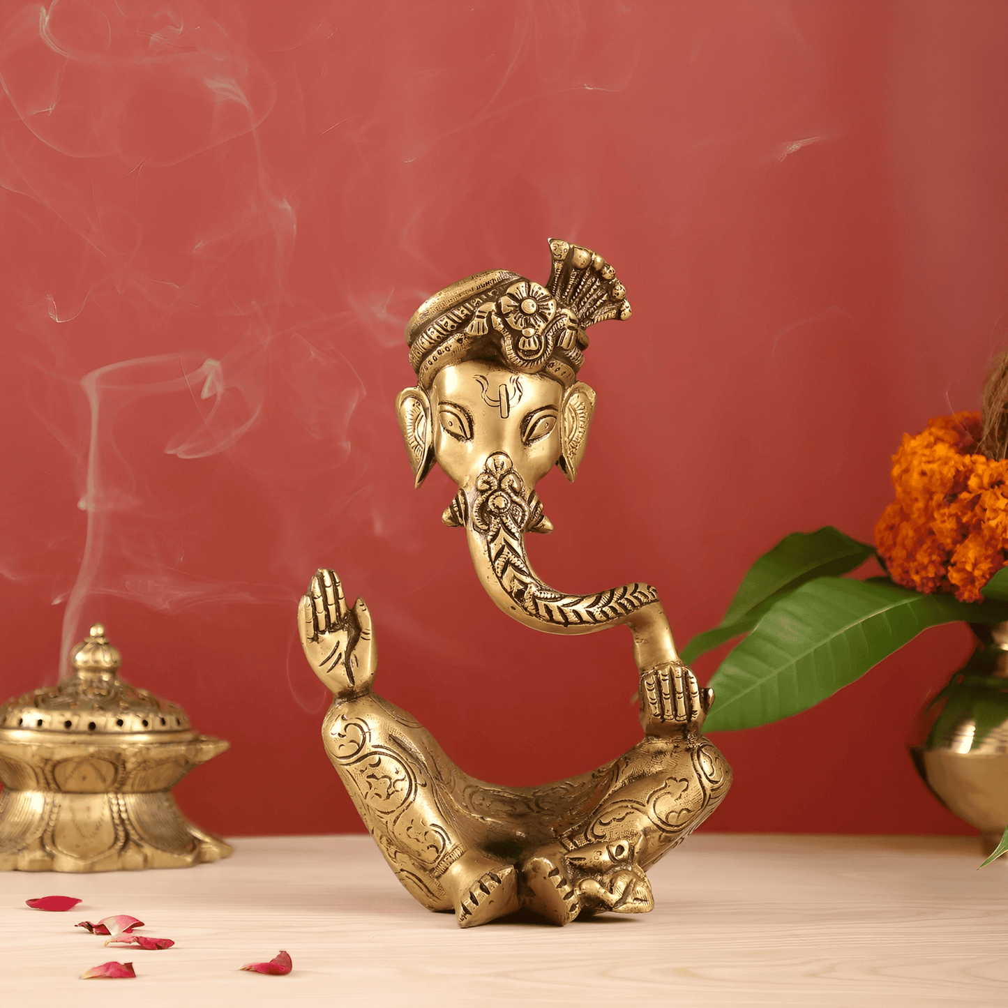 Brassaura™ Brass Ganesha Idol with Natural Brass Finish | Height 10.5 Inches | Weight 2.8 Kgs