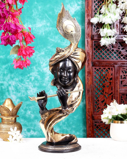 Brassaura® Modern Brass Lord Krishna Playing Flute Sculpture | Handcrafted Black & Gold Dual Tone Finish Krishna Statue for Home Temple & Luxury Home Décor | Height 20 Inches | Weight 8 Kgs