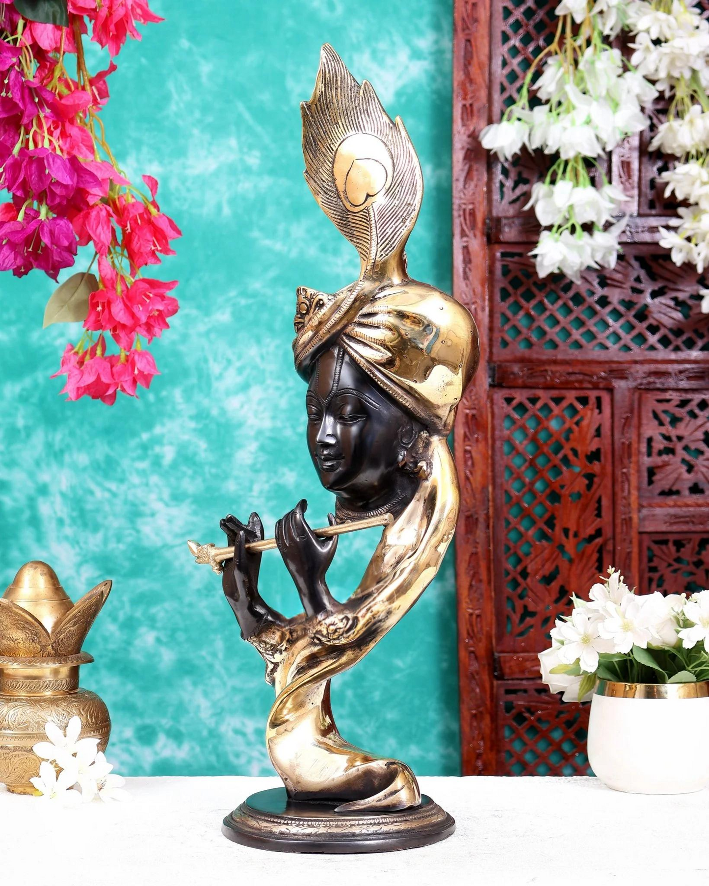 Brassaura® Modern Brass Lord Krishna Playing Flute Sculpture | Handcrafted Black & Gold Dual Tone Finish Krishna Statue for Home Temple & Luxury Home Décor | Height 20 Inches | Weight 8 Kgs