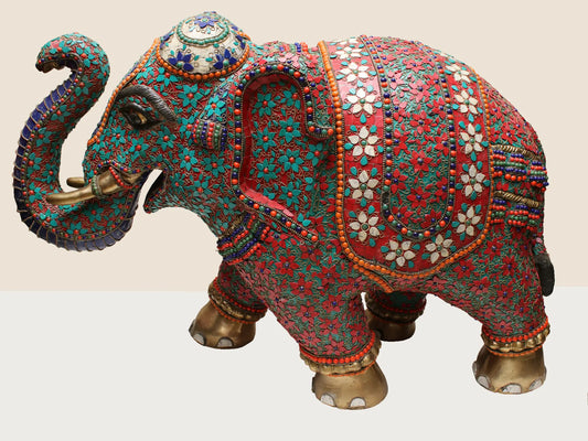Brassaura® Majestic Elephant Brass Sculpture with Inlay Work | Pure Brass | Height 32 Inches & Weight 53.60 kgs