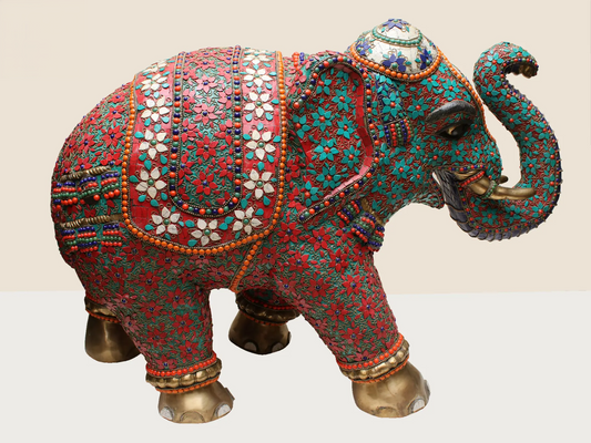 Brassaura® Majestic Elephant Brass Sculpture with Inlay Work | Pure Brass | Height 32 Inches & Weight 53.60 kgs