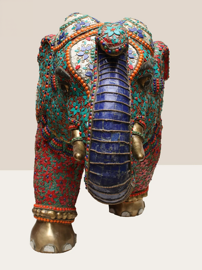 Brassaura® 威严大象黄铜雕塑，带镶嵌工艺 | 纯黄铜 | 高 32 英寸，重 53.60 公斤