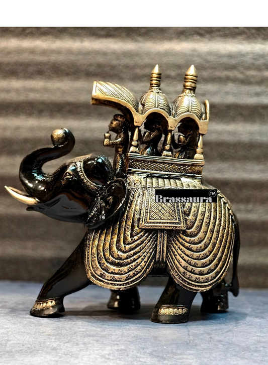 ब्रासुरिया™ शुद्ध पीतल अंबारी हाथी की मूर्ति - ऊंचाई 12 इंच और वज़न 7.5 किग्रा