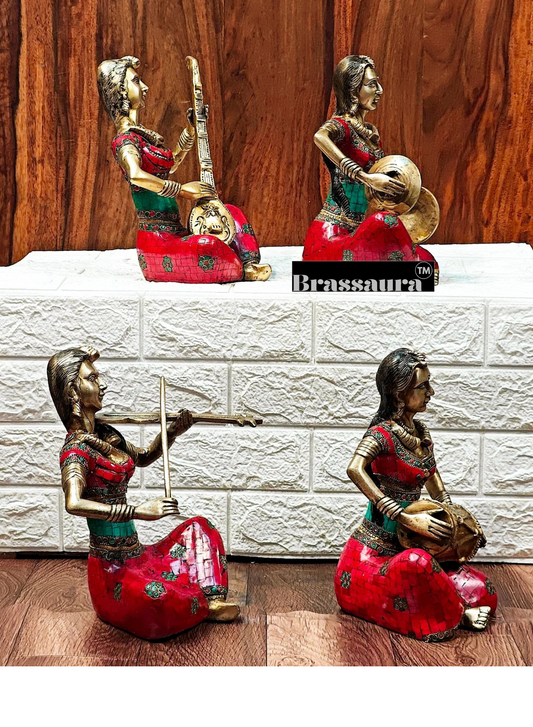 Brassaura™ Brass Tribal Lady Musicians Set – Height 11 Inches Each & Total Weight 21 Kgs (Set of 4)