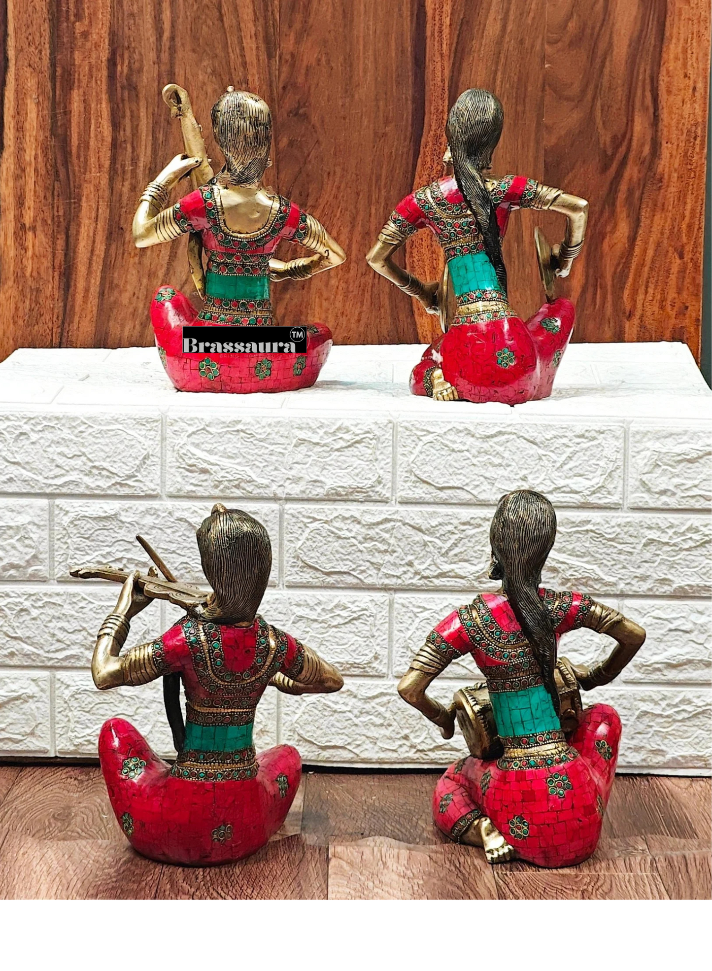 Brassaura™ Brass Tribal Lady Musicians Set – Height 11 Inches Each & Total Weight 21 Kgs (Set of 4)
