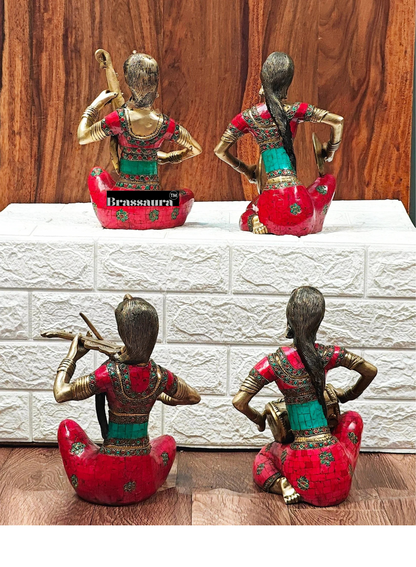 Brassaura™ Brass Tribal Lady Musicians Set – Height 11 Inches Each & Total Weight 21 Kgs (Set of 4)
