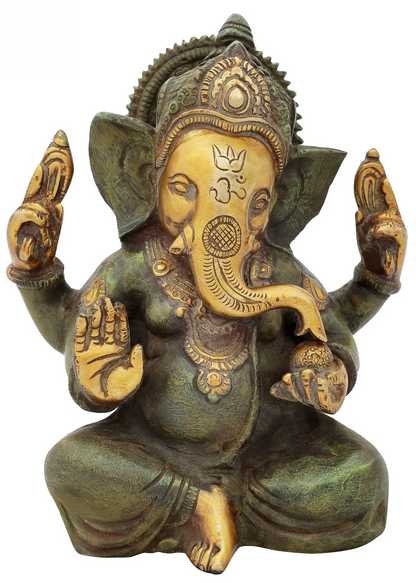 Brassaura® Lord Ganesha in Antique Green Finish | Pure Brass | Height 7 Inches & Weight 2 kgs