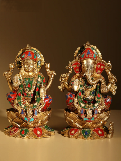 Brassaura® Goddess Lakshmi and Lord Ganesha Pair | Pure Brass with Meenakari Inlay Work | Height 9 Inches & Weight 7.40 kgs