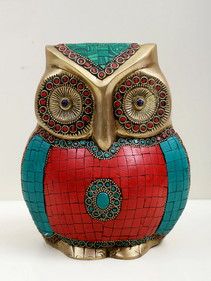 Brassaura® Decorative Brass Owl with Inlay Work | Pure Brass | Height 7 Inches & Weight 3.30 kgs